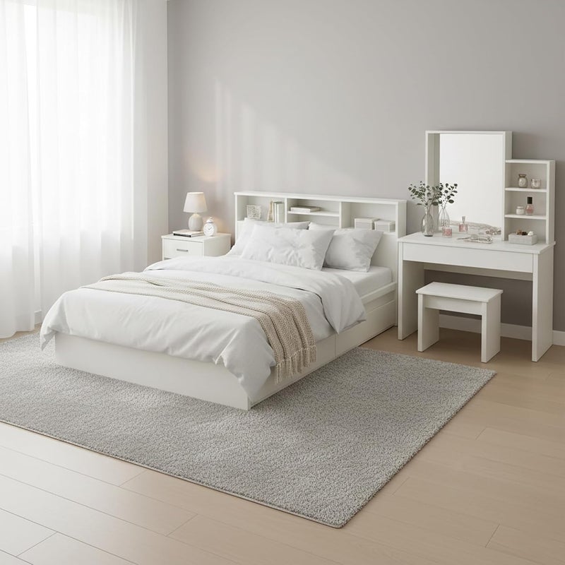 RIGID مجموعة أثاث غرفة نوم ريجيد الحديثة - سرير MDF أبيض مع تخزين في الرأس، طاولة جانبية، طاولة زينة مع مرآة، رف وكرسي - Image 3